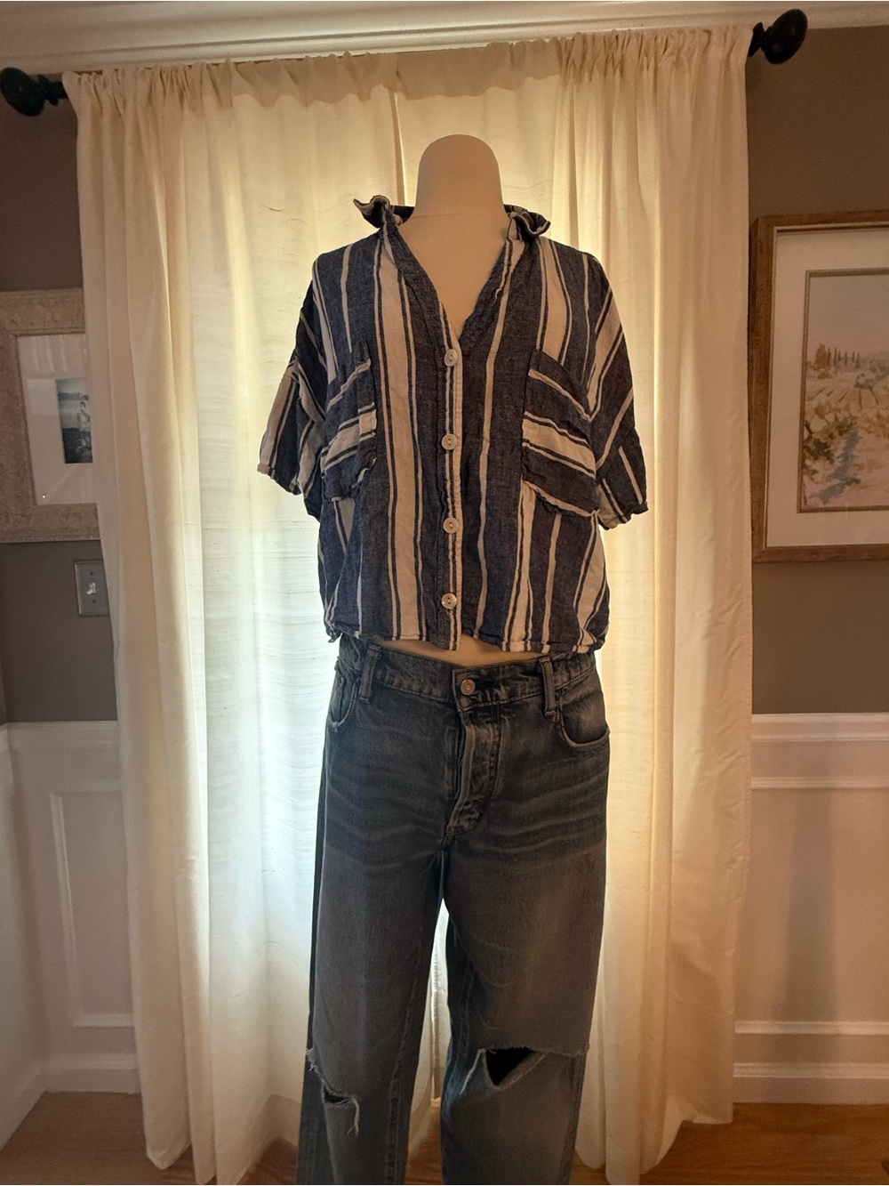 Laundry By Shelli Segal Blue and White Striped Button-Front Top